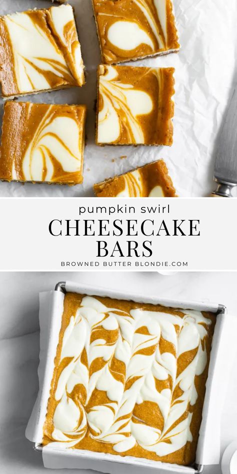 Swirls of pumpkin spice and creamy cheesecake layered over a crunchy gingersnap crust. These easy bars will be the hit of your turkey day table! Make them a day ahead for a simple, no stress holiday dessert recipe! | Browned Butter Blondie