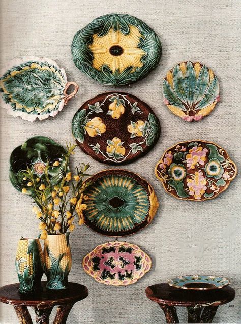 Beautiful Majolica collection on display. Plates On The Wall, Vignette Design, Majolica Pottery, Plate Decor, Plate Display, Vintage Pottery, Inspiration Art, Displaying Collections, Wall Display