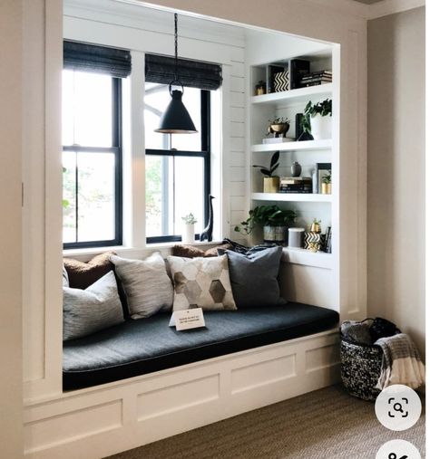 Bunk Nook, Day Bed Guest Room, Small Sitting Room Ideas Cozy, Window Shelving, Bay Window Sitting Area, Hallway Window, Sitting Room Ideas Cozy, Office Space Bedroom, Bay Window Seating