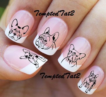 French Bulldog Nail Decals by TemptedTat2 on Etsy French Bulldog Nail Art, French Bulldog Nails, Bulldog Nails, Dog Nail Art, Cat Nail Art, Paw Art, Animal Nail Art, Animal Nails, Dog Nails