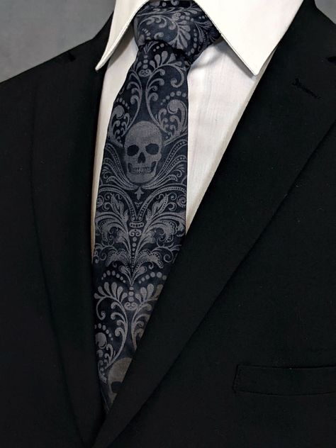 Business Casual Goth Men, Corporate Goth Men, Goth Aesthetic Men, Goth Mens Fashion, Skull Tie, Charcoal Background, Make A Tie, Corporate Goth, Goth Guys