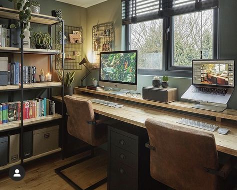 Office For Couples Home, Double Office Space Home, Home Office Two Screens, Two Person Work From Home Office, Him And Her Office Space, Two Person Desk Office, Home Office Husband And Wife, Study Two Desks, Home Office Multiple Desks