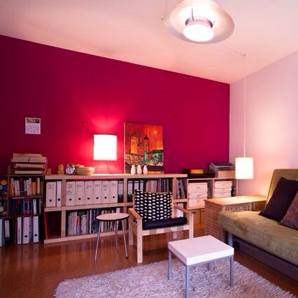 Magenta accent wall Red Accent Wall Office, Magenta Accent Wall, Magenta Walls, Red Accent Wall, Pink Accent Walls, Wall Colours, Cream Room, Indian Room, Victorian Mansion