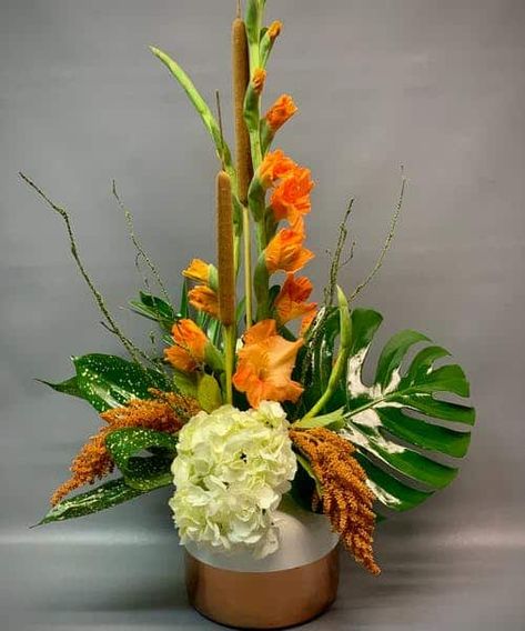 Thanksgiving Traditions - WildFlower - WildFlower Gold Tropical Flowers, Floor Vase Arrangement Afloral, Gladiolus Flower Arrangements Vase Wedding Centerpieces, Gladiolus Arrangements, Tropical Vases, Tropical Arrangements, Funky Flowers, Contemporary Flower Arrangements, Tropical Floral Arrangements