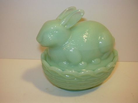 MOSSER GLASS JADEITE JADE BUNNY RABBIT ON BASKET  COVERED CANDY DISH BOX Jadeite Kitchen, Antique Dishes Collectible, Bunny Dishes, Green Milk Glass, Jadite Green, Green Milk, Moser Glass, Bunny Stuff, Green Glassware