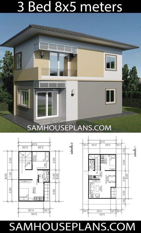 House Plans Idea 8x5m With 3 Bedrooms - Sam House Plans Cheap House Plans, Small Modern House Plans, Affordable House Plans, Building Plans House, Duplex House Plans, Simple House Design, House Plan Gallery, Modern Style House Plans, House Construction Plan