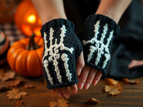 Skeleton Fingerless Gloves Crochet, Crochet Skull Fingerless Gloves Free Pattern, Crochet Gothic Patterns Free, Crochet Boxing Gloves Pattern Free, Crochet Skeleton Gloves, Coraline Gloves Crochet Pattern, Free Crochet Gloves Pattern, Small Fall Crochet Projects, Crochet Skull Gloves