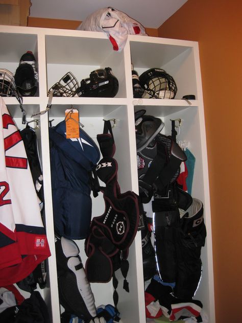 I am doing this eventually for winter gear in a mud room I think...unless hockey becomes more prominant Sports Bag Storage, Hockey Gear Storage, Hockey Equipment Drying Rack, Hockey Equipment Storage, Hockey Drying Rack, Hockey Organization, Sports Equipment Storage, Sports Locker, Sports Storage