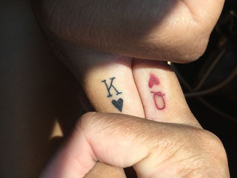 His And Hers King And Queen Tattoos, Husband And Wife Tattoos King Queen, Q And K Tattoo Couple Tat, Q K Tattoo, K Finger Tattoo, K Q Tattoo Couple Tat, King And Queen Tattoo Finger, Queen Finger Tattoos For Women, Couple Tattoo Finger