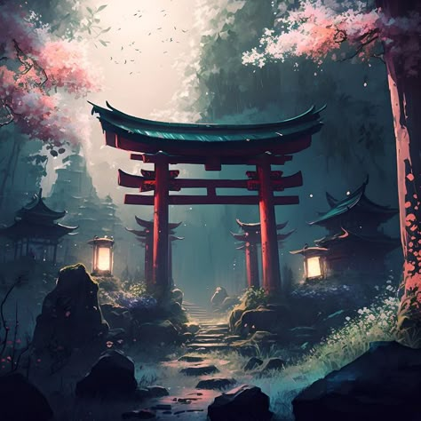 Experience the beauty of Japan with this painting of a traditional Japanese torii gate in a Sakura Forest. The red color of the gate, set against the serene backdrop of a forest and a cherry blossoms, captures the essence of Japan's culture and aesthetics. Japanese Fantasy Aesthetic, Japanese Forest Art, Torri Gate, Forest Shrine, Sakura Forest, Japanese Pics, Japanese Torii Gate, Japanese Torii, Japanese Gate