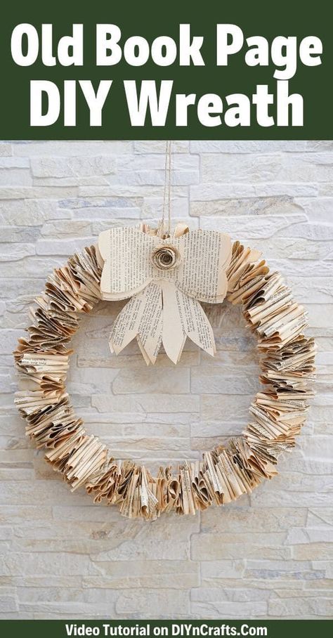 Turn an old book into this gorgeous folded old book page wreath! It's a gorgeous addition to your door or home decor with just a few supplies! #OldBookPageWreath #OldBookPageCrafts #EasyWreaht #HomeDecorCraft Wreath Made From Old Book Pages, Decoupage Old Books, Book Page Wreath Diy, Old Book Crafts Repurposed, Crafts With Old Books, Book Paper Crafts, Paper Wreath Tutorial, Recycled Book Crafts, Heart Wreath Frame