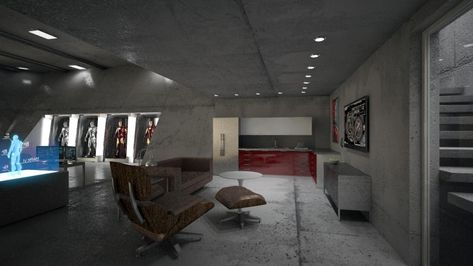 Tony Stark's Garageby Alberto Birindelli Iron Man House Interior, Tony Stark Home, Iron Man Garage, Tony Stark Mansion Interior, Tony Stark Lab Aesthetic, Tony Stark Garage, Avengers Facility, Tony Stark House, Iron Man House