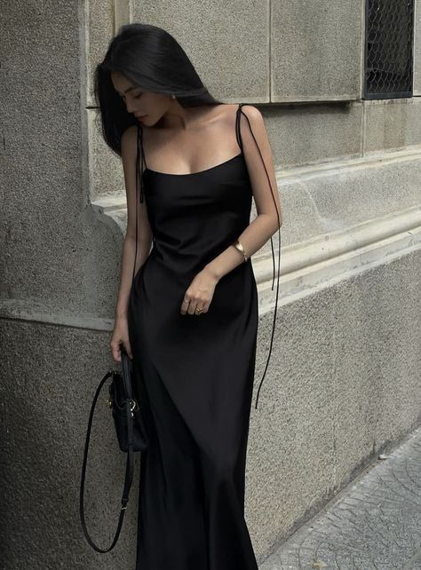 Black Silk Dress Outfit, Silk Dress Aesthetic, Silk Dresses Outfit, Child Marriage, Feminine Energy Aesthetic, Black Dresses Classy, Black Silk Dress, Dress Aesthetic, Dress Inspo