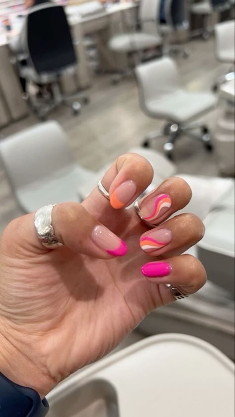 Pink And Orange Nails Summer Short, Summer Nails Pink And Orange French, Pink Orange Almond Nails, Almond Nails Orange And Pink, Pink Orange Swirl Nails, Cute Orange And Pink Nails, Pink White And Orange Nails, Pink And Orange Acrylics, Nail Ideas Orange And Pink