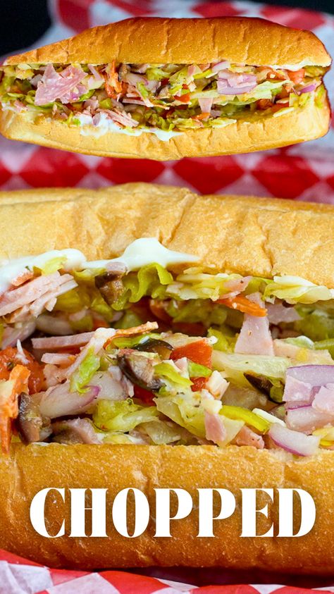 Indulge in the savory delight of a Chopped Italian Sub. Bursting with the flavors of fresh vegetables, an assortment of deli meats, and a zesty homemade Italian dressing, this sandwich is a true crowd-pleaser. Whether it's lunchtime or a casual get-together, this recipe promises to satisfy your taste buds. Easy summer dinner ideas. Italian Sub In A Tub Recipe, Italian Sub In A Tub, Jimmy Johns Italian Sub Recipe, Sub Dressing Recipe, The Tipsy Housewife Italian Sub Chop Sandwiches, Tiktok Italian Sub, Italian Sandwich Recipes, Italian Sub, Homemade Italian Dressing