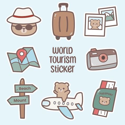 Cute Travel Stickers, Travel Stickers Aesthetic, Trip Stickers, Trip Illustration, Travel Clip Art, Vector Architecture, Vacation Stickers, Kawaii Travel, Travel Png