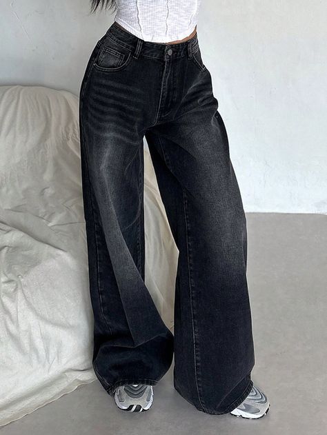 Women Casual Distressed Wide-Leg Jeans Black    Denim Plain Straight Leg Non-Stretch  Women Clothing, size features are:Bust: ,Length: ,Sleeve Length: Aesthetic Black Jeans, Pantalon Noir Large, Black Jeans Y2k, Baggie Jeans, Jeans Noir, Jeans Large, Chic Jeans, Black Jeans Women, Jean Large