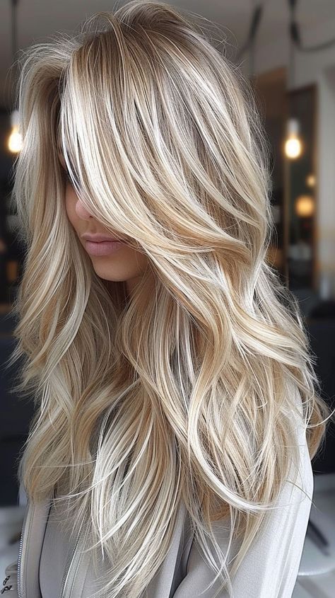 Blonde Balayage Side Part, Dramatic Blonde Hair, Champagne Blonde Hair Balayage, Long Blonde Hairstyles With Layers, Champagne Blonde Balayage, Vanilla Blonde Highlights, Bleach Hair Ideas, Haircut Ideas Brown Hair, Bleach Hair