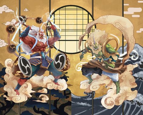 Fujin & raijin-eternal wars --- artstation---- Art by K R Dnd Oni, Raijin God, Raijin Tattoo, Fu Dog, Japanese Mythology, Theme Tattoo, Japanese Folklore, Japanese Tattoo Art, K R