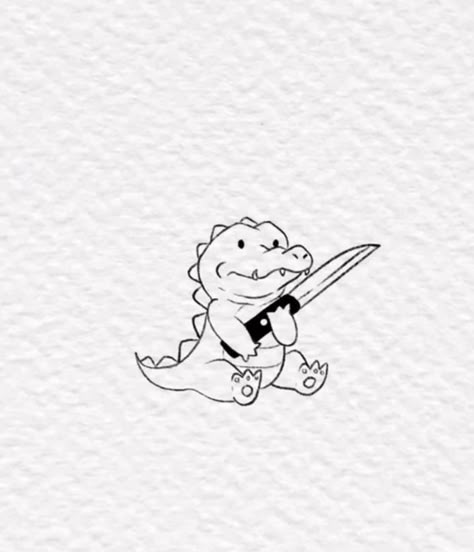 Cartoon Alligator Tattoo, Dino Holding Knife Tattoo, Crocodile Tattoo Cute, Dinosaur Holding Knife Tattoo, Thruple Tattoos, Alligator Tattoo Cute, Dinosaur With Knife Tattoo, Animal With Knife Tattoo, Walkin Tattoo Ideas