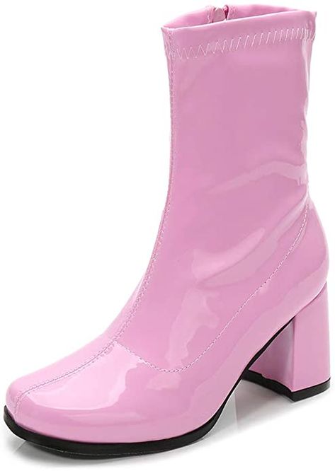 White Gogo Boots, Go Go Boots, Boots Mid Calf, Short Booties, Red Booties, Gogo Boots, Block Heel Ankle Boots, Pink Bling, Zipper Boots