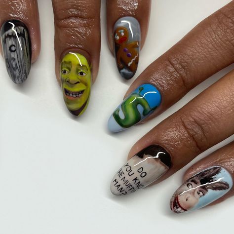 Tacky Nails Art Designs, Construction Nail Art, Weird Nail Designs Funny, Slay Nails Queens, Grimace Nails, The Lorax Nails, Funny Nails Design Hilarious, Shrek Nails Designs, Long Ugly Nails