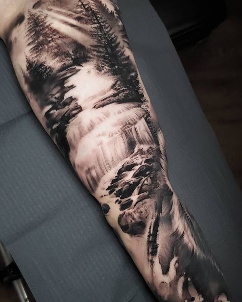 Gap Filling Tattoo Ideas, Wild Life Tattoos, Fill In Tattoo Ideas Sleeve, Mountain Sleeve Tattoo, Fill In Tattoo Ideas, Scenic Tattoo, Waterfall Tattoo, Nature Sleeve, Wilderness Tattoo