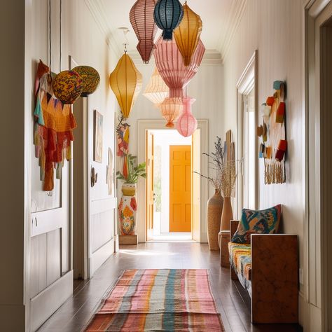 Vintage Eclectic Minimalism, Indigenous Interior Design, Realistic Interior Design, Adding Pops Of Color To Neutral Room, Funky Hallway Ideas, Artsy Hallway, Hallway Lanterns, White Walls Colorful Decor, Wall Between Two Doors