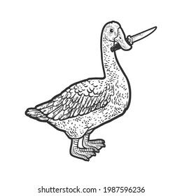 goose with knife in beak line art sketch engraving raster illustration. T-shirt apparel print design. Scratch board imitation. Black and white hand drawn image. Goose Knife Tattoo, Goose With Knife Drawing, Duck Knife Tattoo, Goose Line Drawing, Duck Holding Knife Tattoo, Duck With Knife Tattoo, Duck With Knife Drawing, Goose Knife, Silly Goose Tattoo