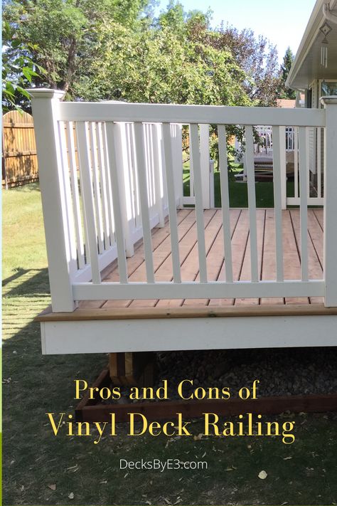 Trex Deck Ideas White Railings, Vinyl Deck Railing Ideas, White Deck Railing Ideas, Pvc Porch Railing, Wood Deck White Railing, White Railing Deck, Decks With White Railings, Wood Deck With Vinyl Railing, Vinyl Railings On Deck