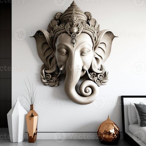 A white walled room with a statue of an Indian mythological God Lord Ganesha as Mural. . Hanuman Sculpture, Ceramic Relief, Hanuman Tattoo, Monochromatic Painting, 3d Relief Art, Mural Art Design, Buddhist Art Drawing, Anatomy Sculpture, Kerala Mural Painting