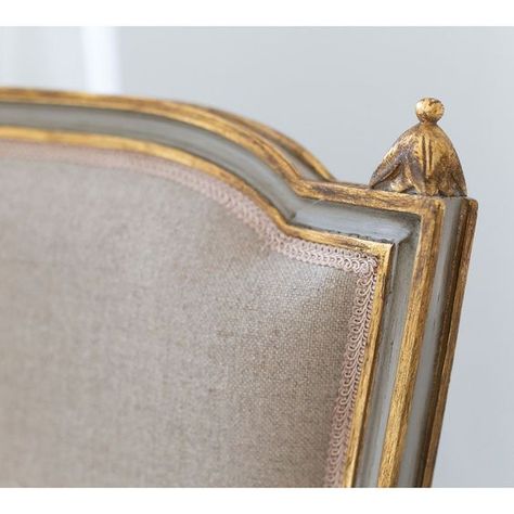 An elegantly shaped French style chair finished to sit with two of our most popular collections the Normandy Pale Stone Collection and the Versailles Gold Collection, it makes the idea go-with for our French furniture!     The mahogany frame is finished in a lightly distressed stone colour with ornate gold patina detailing.  The design includes fluted legs, corner detailing, shoulder finials and gold patina borders.  The seat, back and reverse are upholstered in a natural fawn linen trimmed with French Chairs Upholstery, French Accent Chairs, Gilded Furniture, French Style Chairs, Modern Apartment Decor, French Dining Chairs, Painted Dining Chairs, French Arm Chair, Gold Chair