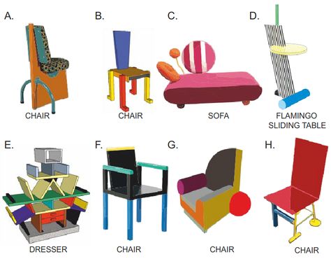 PRODUCT DESIGN - MEMPHIS STYLE CHAIR DESIGN Memphis Furniture Design, Memphis Moodboard, Memphis Inspired Furniture, Memphis Design Movement, Memphis Group Design, Funky Interior Design, Memphis Furniture, 1980s Memphis Design, Postmodern Design