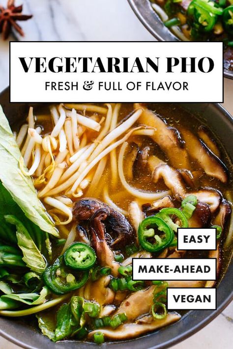 This vegetarian pho is FULL of FLAVOR, thanks to spices, herbs and sautéed shiitake mushrooms! It’s fun to make, too. Warm up with homemade pho! #cookieandkate #vegetarian #vegan #pho #healthyeating #comfortfood Pho Vegan Recipe, Vegetarian Austrian Food, Pho Recipe Vegetarian, Okinawa Recipes Healthy, Veggie Pho Recipe, Veitmanese Recipes, Pho Vegetarian, Vegetarian Pho Recipe, Healthy Pho