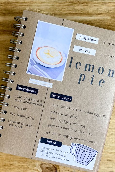 Scrapbook Recipe Book, Homemade Recipe Books, Lemon Pie Recipe, Recipe Book Design, Recipe Book Diy, Recipe Book Templates, Sketch Note, Recipe Journal, Recipe Scrapbook