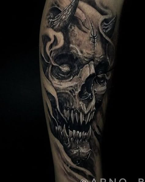 Horror Skull Tattoo, Skull Demon Tattoo, Demon Forearm Tattoo, Devil Tattoo Men, Devil Tattoo Demons, Demon Skull Tattoo Design, Evil Tattoos Demons, Vampire Skull Tattoo, Potrait Tattoo