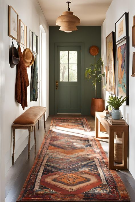 Earthy Hallway Ideas, Long Narrow Entry Hallway Ideas, Cosy Entryway, Vintage Doors Interior, Small Hallway Design, Hallway Rugs Ideas, Natural Hallway, Eclectic Hallway, Hallway Transformation