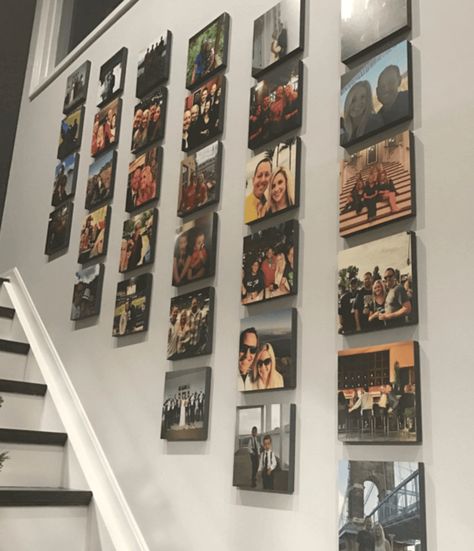 Photo Tiles Wall Decor, Photo Wall Design, Cute Picture Frames, Photo Wall Display, Picture Frame Ideas, Canvas Photo Wall, Picture Frame Crafts, Family Photo Wall, Diy Picture Frames