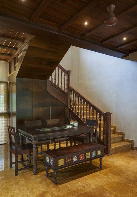 Inside a Manipal home that brings alive traditional Indian craftsmanship | Architectural Digest India Traditional Indian Houses Interior, Nepal Architecture, Traditional Stairs, Traditional Indian Houses, Indian House Interior, Heritage Decor, Indigenous Crafts, Kerala Traditional House, Indian Houses