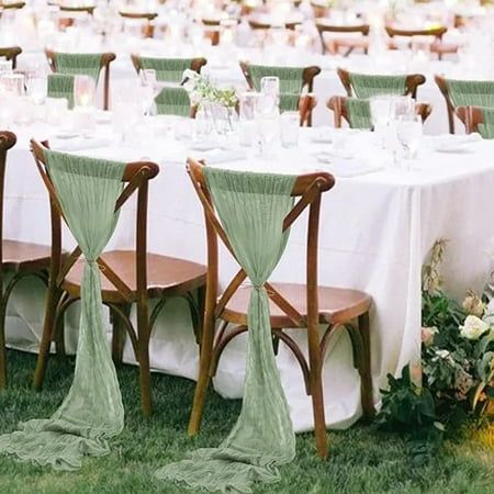 20 Packs Sage Green Cheesecloth Chair Sashes, Chair Bow Designed Decorative Chair Cover Chair Sashes Wedding Reception Party Hotel Decoration ????Package includes: You will receive 20 pcs Sage Green cheesecloth chair sashes. Flowers are not included in the package. Each piece measures Length 180cm/70.8inch, Width 90cm/35.4inch. High quality healthy fabrics to decorate your dining environment. ???? introduction: Natural cheesecloth fibers are strong and durable, makes the fabric soft, absorbent a Wedding Table Decor Sage Green, Cheesecloth Chair Sash, Plastic Folding Chairs Wedding, Rustic Wedding Reception Table Decor, Chair Sashes Wedding, Wedding Chair Decor, Chair Covers Party, Wedding Chair Sashes, Party Hotel