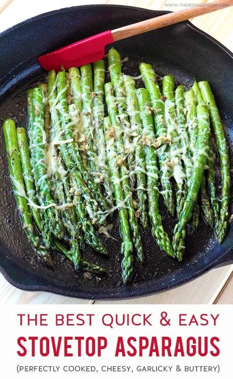 The Best Quick & Easy Stovetop Asparagus! Learn how to properly prep & make a simple sauteed asparagus on the stove in 10 minutes or less. This recipe is flavored with drool-worthy butter, garlic & parmesan cheese so it'll please even the pickiest of eaters! Serve it as a side dish with any meal any night of the week! Easy Asparagus Recipes Stove Top, Stove Top Veggies, Best Way To Make Asparagus, Quick Asparagus Recipes, Asparagus On Stove Top, Cooking Asparagus On Stove, Stovetop Asparagus, Asparagus Stove Top, Asparagus On The Stove