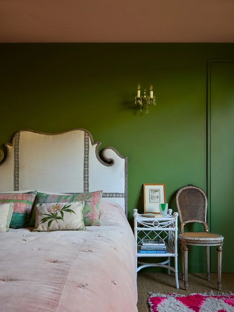 Joa Studholme's glorious Somerset house gets a striking modern addition | House & Garden Pea Green Paint, Tiny Guest Room, Spare Room Design, Fabric Covered Walls, Iron Bed Frame, Somerset House, Brass Bed, Modern Addition, Farrow And Ball