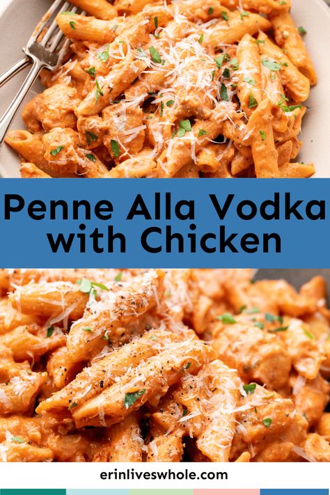 Elevate dinner with this mouth-watering penne alla vodka recipe. Made with penne pasta, sliced chicken breasts, this pasta dish is topped off with a homemade vodka sauce and 2 different kinds of cheese! It's as easy as spaghetti but looks and tastes like a chef-made meal. Pasta A La Vodka Chicken, Chicken Pasta With Vodka Sauce Recipe, Penne Vodka With Chicken, Chicken Alla Vodka, Chicken Penne Alla Vodka, Chicken Vodka Pasta Recipes, Penne Alla Vodka Recipe With Chicken, Vodka Sauce Pasta With Chicken, Chicken With Vodka Sauce