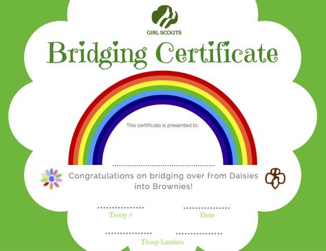 Daisies to Brownies Girl Scouts bridging certificate with rainbow, for Brownie bridging ceremony, by Yevette Willaert Bridge To Brownie Certificate, Daisy To Brownie Bridging Certificate, Bridging Daisy To Brownie, Bridging To Brownies Ceremony, Bridging Ceremony Ideas Brownie, Bridge To Brownies Ceremony, Daisy To Brownie Bridging Ideas, Daisy Bridging Ceremony Gifts, Daisy To Brownie Bridging Ceremony