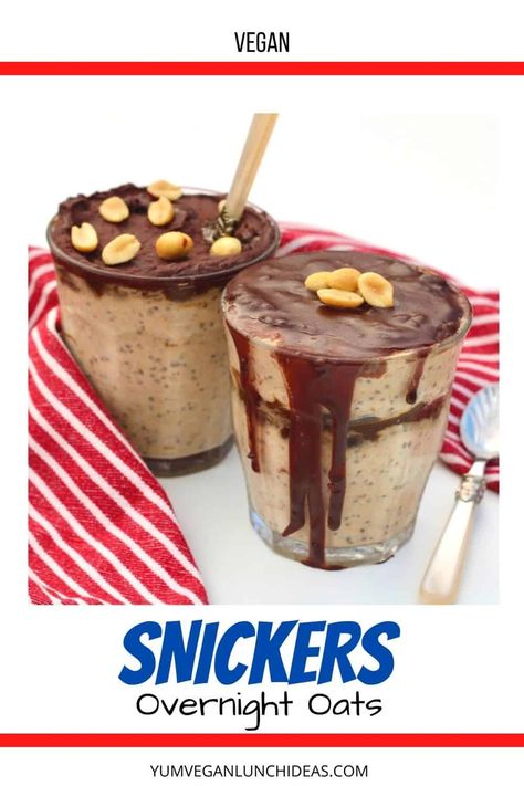 Snickers Overnight Oats Overnight Oats Tasty, Butterfinger Overnight Oats, Snickers Overnight Oats Recipe, Caramel Overnight Oats, Nutella Overnight Oats, Snickers Overnight Oats, Creamy Overnight Oats, Healthy Snickers, Blended Oats