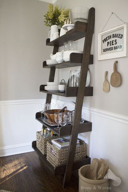 Early-Fall-Rustic-and-Woven-Ladder-Shelf Farmhouse Dining Room Buffet, Kitchen Grey, Home Coffee Stations, Tables Kitchen, Dining Room Buffet, Kitchen Corner, Living Room Shelves, Room Shelves, Ladder Shelf