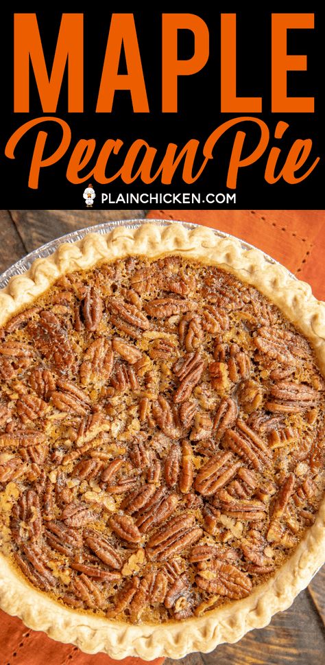 Maple Pecan Pie - seriously delicious!!! SO much amazing flavor from the real maple syrup! Super easy to make! Pie crust, sugar, maple syrup, butter, eggs, pecans, vanilla. Make the day before. Serve with vanilla ice cream and caramel sauce! YUM! #pie #dessert #thanksgiving #christmas #pecanpie #maplesyrup Maple Pecan Pumpkin Pie, Pecan Pie Using Maple Syrup, Pecan Pie Maple Syrup Recipe, Pecan Pie With Maple Syrup Recipe, Maple Syrup Pie Recipe, Pecan Pie Made With Maple Syrup, Pecan Pie Maple Syrup, Desserts With Maple Syrup Instead Of Sugar, Maple Syrup Pecan Pie