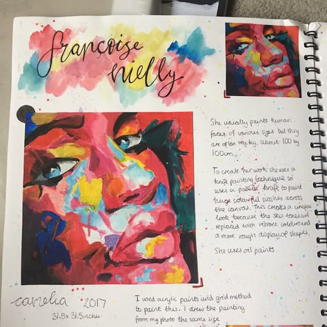 Part of a page in my gcse art sketchbook. Francoise Nielly research and my copy of her painting ‘camellia’ Artists Gcse Inspiration, Francoise Nielly Artist Research, Artist Copy Gcse, Colour Theory Page Gcse, A Level Portraiture Sketchbook Pages, Francoise Nielly Gcse Sketchbook, Identity Artists Gcse, Fragments Title Page Gcse, Artist Research Page Gcse Colourful