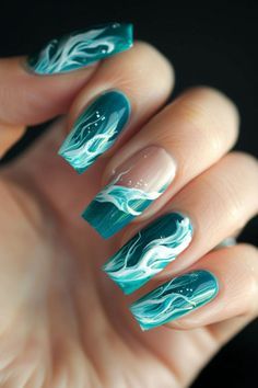 Blue And Teal Nail Designs, Teal Nails Design Ideas, Ocean Green Nails, Ocean Waves Nail Art, Teal Beach Nails, Nail Art Waves, Nail Designs Ocean, Wave Nails Design, Teal Marble Nails