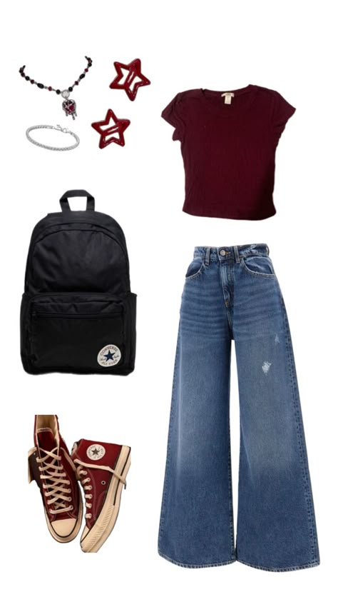 mine // #outfit #red #converse #basic #outfitinspo #style #downtown #stars How To Style Orange Converse, Fits With Red Converse, Red Outfit For School, Red Basic Outfit, Cherry Converse Outfit, Maroon Top And Jeans Outfit, Cute Downtown Girl Outfits, Outfit Inspo With Converse, Style Red Converse